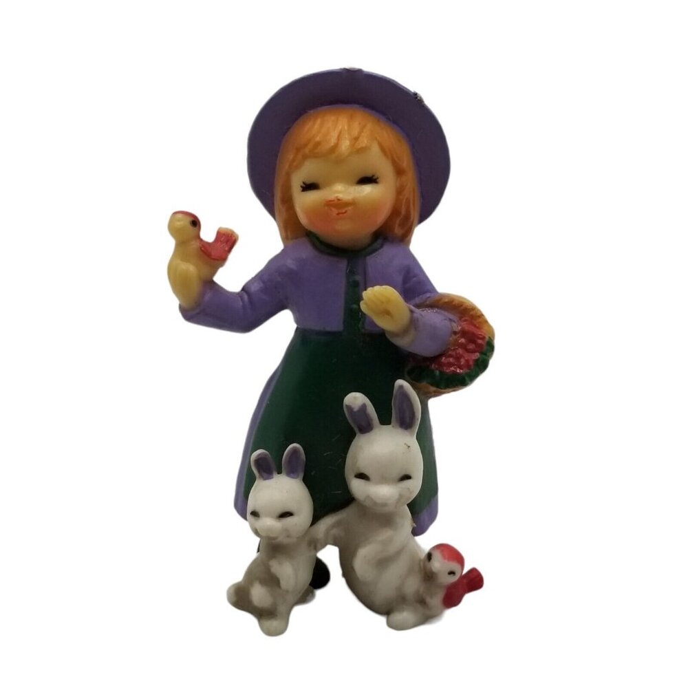 Vintage PVC Figure Girl with Hat Bird Bunny Rabbits Easter Spring Animals Happy